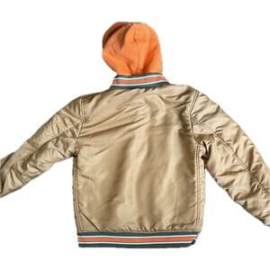 Boys Youth 10-12 bomber jacket with hood. Small repair. May be reversible.